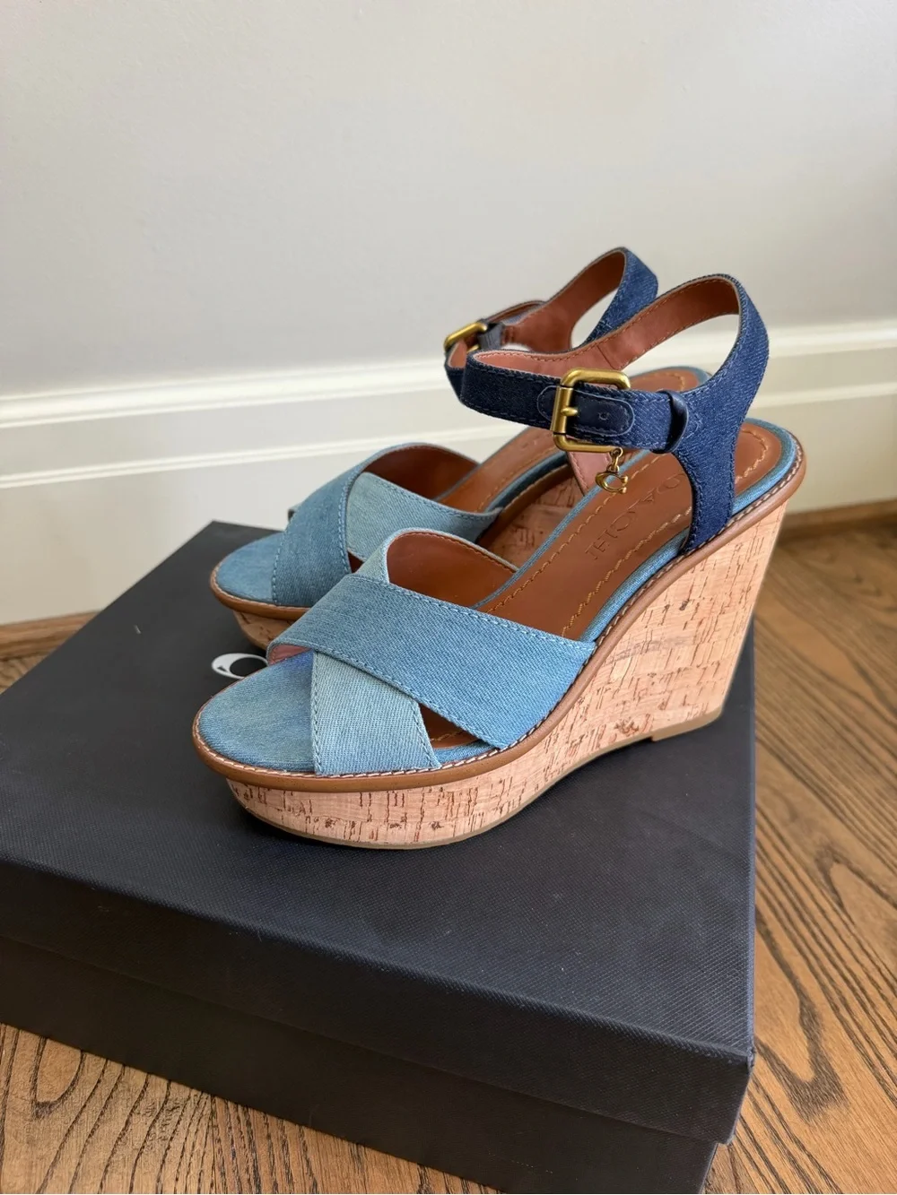 COACH Denim Blue Cork Wedge Sandals - Women's Platform Heels